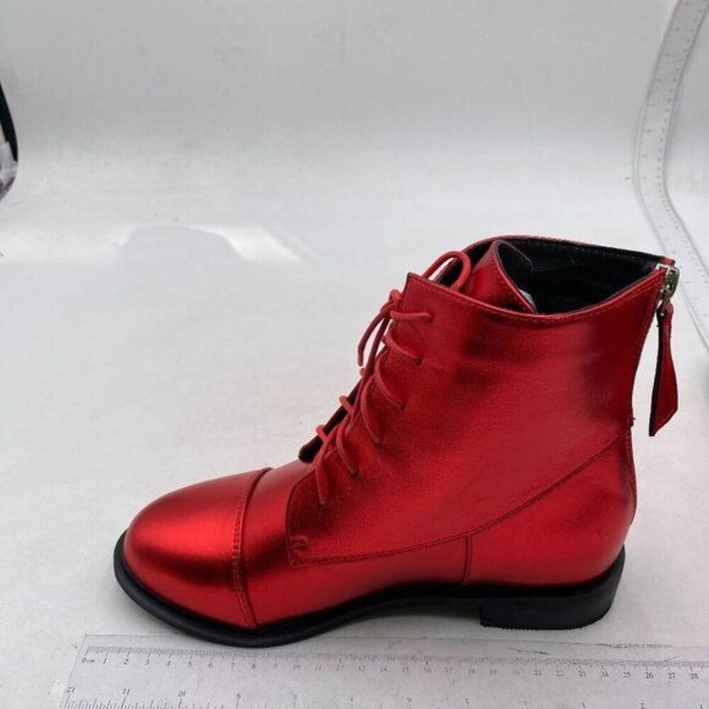 Red Women Comfort Chunky Heel Ankle Boots Chelsea Lace Up Booties with Zipper